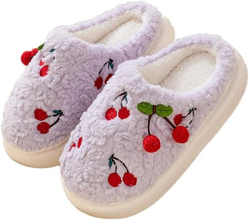 Women Cherry Cute Slippers Indoor Home Cozy Slipper Winter Warm Fuzzy Slippers with Non-Slip Sole On Plush Bedroom Shoes in Kuwait