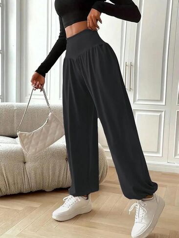 Womens Baggy Wide Leg Pants Casual Loose Elastic Waisted Comfy Harem Pants with Pockets in Kuwait