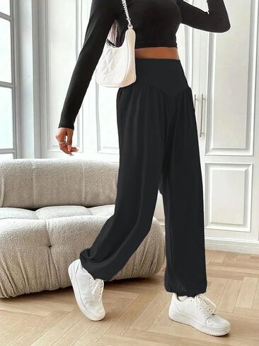 Womens Baggy Wide Leg Pants Casual Loose Elastic Waisted Comfy Harem Pants with Pockets in Kuwait