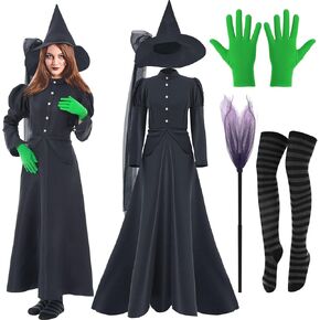 5Pcs Witch Halloween Costume Women Wizard Dress Set with Hat Broom Striped Socks Spandex Gloves for Cosplay Party in Saudi Arabia