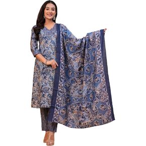 Women Chanderi Cotton Kurta Pant Set with Dupatta | 3-Piece Indian Ethnic Outfit | Elegant Floral Print in Saudi Arabia