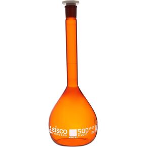 Eisco Amber Volumetric Flask, 2000mL - Class A - Borosilicate Glass, Polyethylene Stopper, 29/32 Socket - QR Code Marking for Calibration Certificate in Kuwait