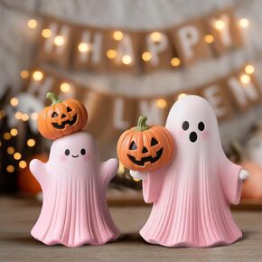 Halloween Decorations Indoor- Cute Ghost Figurine with Pumpkin, Resin Ghost Statue for Desk, Party, Mantel, Shelf & Tabletop Décor, Pink Halloween Décor in Saudi Arabia