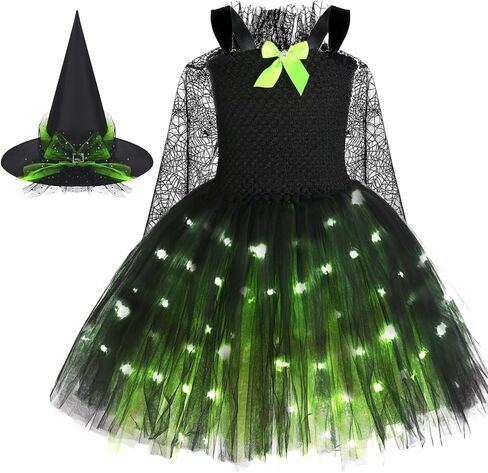 Tutu Dreams LED Witch Costume for Girls 3-10Y Kids with Hat Cape Socks Halloween Party Dress Up Outfit in Kuwait