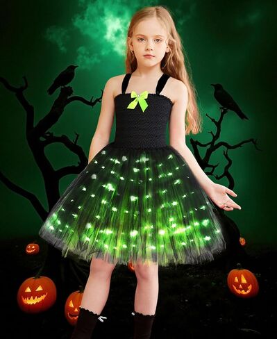 Tutu Dreams LED Witch Costume for Girls 3-10Y Kids with Hat Cape Socks Halloween Party Dress Up Outfit in Kuwait