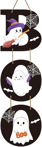 Halloween Door Decorations Halloween Wreath Cute Ghost Decor Boo Sign Bat Spider Web Wooden Front Door Hanger Ghost Hanging Sign Wreath for Wall Indoor Home Decor in Saudi Arabia