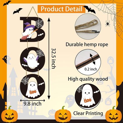 Halloween Door Decorations Halloween Wreath Cute Ghost Decor Boo Sign Bat Spider Web Wooden Front Door Hanger Ghost Hanging Sign Wreath for Wall Indoor Home Decor in Saudi Arabia