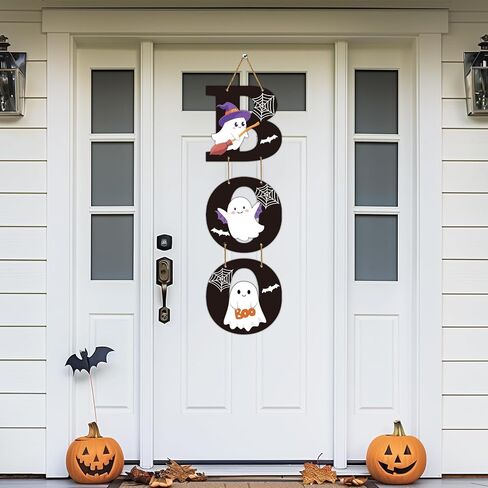 Halloween Door Decorations Halloween Wreath Cute Ghost Decor Boo Sign Bat Spider Web Wooden Front Door Hanger Ghost Hanging Sign Wreath for Wall Indoor Home Decor in Saudi Arabia