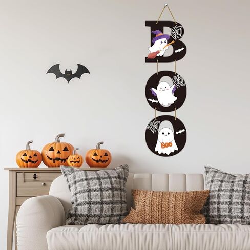 Halloween Door Decorations Halloween Wreath Cute Ghost Decor Boo Sign Bat Spider Web Wooden Front Door Hanger Ghost Hanging Sign Wreath for Wall Indoor Home Decor in Saudi Arabia