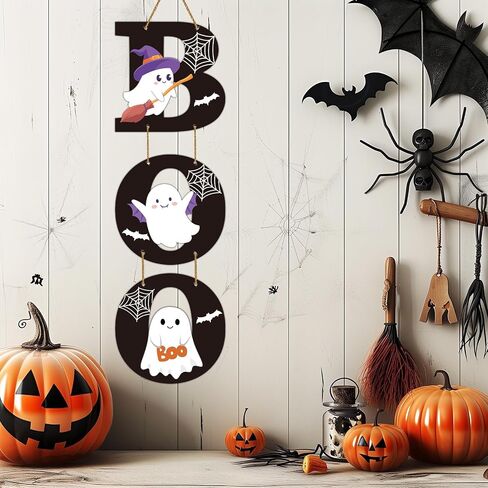 Halloween Door Decorations Halloween Wreath Cute Ghost Decor Boo Sign Bat Spider Web Wooden Front Door Hanger Ghost Hanging Sign Wreath for Wall Indoor Home Decor in Saudi Arabia