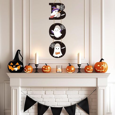 Halloween Door Decorations Halloween Wreath Cute Ghost Decor Boo Sign Bat Spider Web Wooden Front Door Hanger Ghost Hanging Sign Wreath for Wall Indoor Home Decor in Saudi Arabia