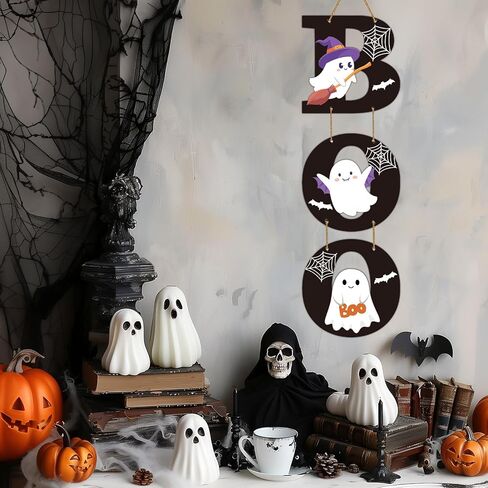 Halloween Door Decorations Halloween Wreath Cute Ghost Decor Boo Sign Bat Spider Web Wooden Front Door Hanger Ghost Hanging Sign Wreath for Wall Indoor Home Decor in Saudi Arabia