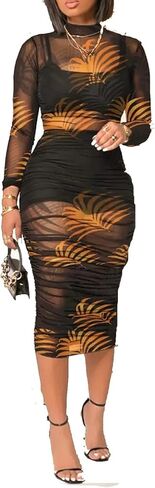 المرأة مثير انظر من خلال بقماش شفاف Bodycon ميدي فستان طويل الأكمام تنورة 3 قطعة وتتسابق مجموعة الأزهار طباعة التستر in Kuwait