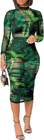 المرأة مثير انظر من خلال بقماش شفاف Bodycon ميدي فستان طويل الأكمام تنورة 3 قطعة وتتسابق مجموعة الأزهار طباعة التستر in Kuwait