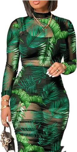 المرأة مثير انظر من خلال بقماش شفاف Bodycon ميدي فستان طويل الأكمام تنورة 3 قطعة وتتسابق مجموعة الأزهار طباعة التستر in Kuwait
