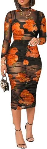 المرأة مثير انظر من خلال بقماش شفاف Bodycon ميدي فستان طويل الأكمام تنورة 3 قطعة وتتسابق مجموعة الأزهار طباعة التستر in Kuwait