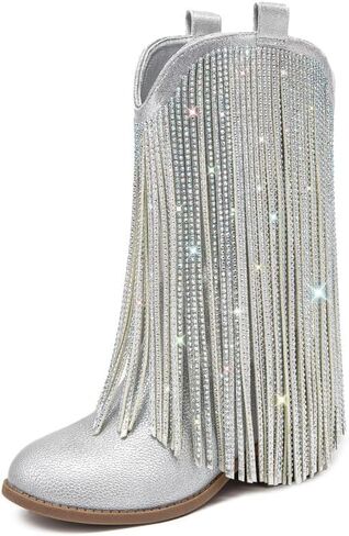 Rhinestone Fringe Cowgirl Boots for Girls Mid Calf Pointed Toe Cowboy Boots for Toddler Little Big Kids Party Country in Kuwait
