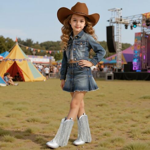 Rhinestone Fringe Cowgirl Boots for Girls Mid Calf Pointed Toe Cowboy Boots for Toddler Little Big Kids Party Country in Kuwait