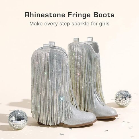 Rhinestone Fringe Cowgirl Boots for Girls Mid Calf Pointed Toe Cowboy Boots for Toddler Little Big Kids Party Country in Kuwait