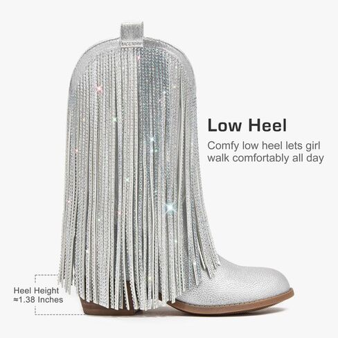 Rhinestone Fringe Cowgirl Boots for Girls Mid Calf Pointed Toe Cowboy Boots for Toddler Little Big Kids Party Country in Kuwait