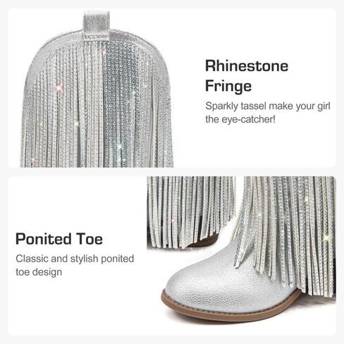 Rhinestone Fringe Cowgirl Boots for Girls Mid Calf Pointed Toe Cowboy Boots for Toddler Little Big Kids Party Country in Kuwait