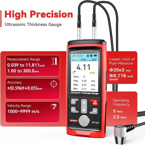 Wintact Digital Ultrasonic Thickness Gauge, UT Meter, Range 0.039 to 11.81 in with Probe for Measuring Metal and Nonmetal Materials, Steel, Silver, Plastic, Glass, PVC, Pipes in Saudi Arabia