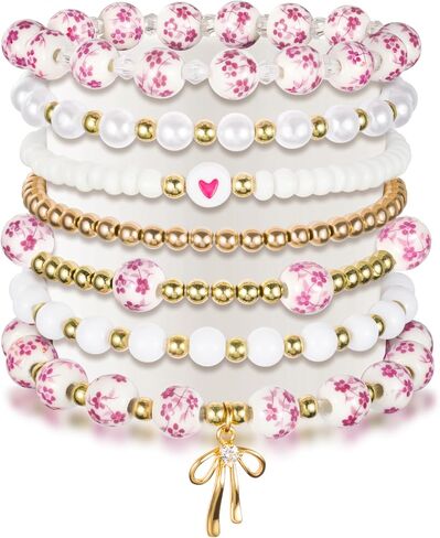 Y1tvei Vintage Ceramic Bead Bracelets - 7Pcs Coquette Wrist Bracelet Stretchable Chain Gift Supplies for Women in Saudi Arabia