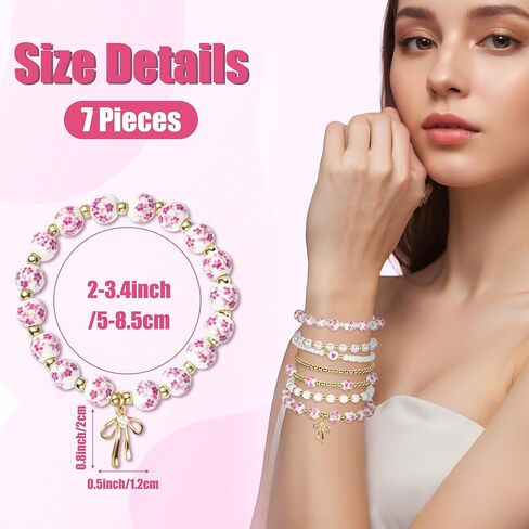 Y1tvei Vintage Ceramic Bead Bracelets - 7Pcs Coquette Wrist Bracelet Stretchable Chain Gift Supplies for Women in Saudi Arabia