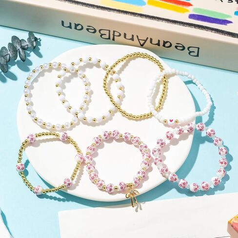 Y1tvei Vintage Ceramic Bead Bracelets - 7Pcs Coquette Wrist Bracelet Stretchable Chain Gift Supplies for Women in Saudi Arabia
