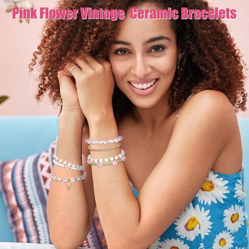 Y1tvei Vintage Ceramic Bead Bracelets - 7Pcs Coquette Wrist Bracelet Stretchable Chain Gift Supplies for Women in Saudi Arabia