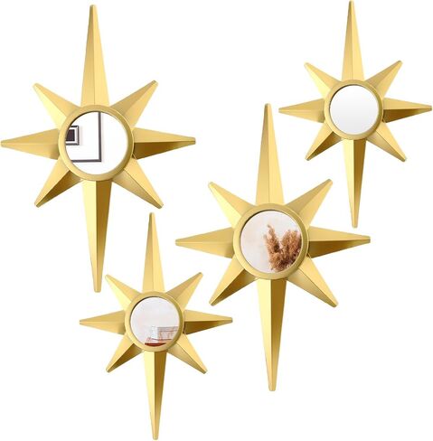 Blulu 4 Pcs Metal Starburst Wall Mirrors Decor 8 Pointed Gold Atomic Stars Hangings Mid Century Modern Elegance Accents Easy Installation Finish Metal Mirrors for Home Office Room in Saudi Arabia
