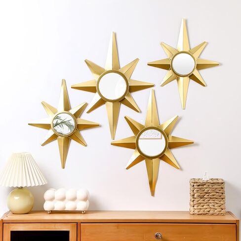 Blulu 4 Pcs Metal Starburst Wall Mirrors Decor 8 Pointed Gold Atomic Stars Hangings Mid Century Modern Elegance Accents Easy Installation Finish Metal Mirrors for Home Office Room in Saudi Arabia
