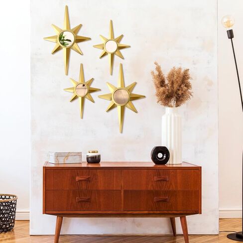 Blulu 4 Pcs Metal Starburst Wall Mirrors Decor 8 Pointed Gold Atomic Stars Hangings Mid Century Modern Elegance Accents Easy Installation Finish Metal Mirrors for Home Office Room in Saudi Arabia