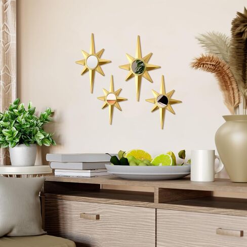 Blulu 4 Pcs Metal Starburst Wall Mirrors Decor 8 Pointed Gold Atomic Stars Hangings Mid Century Modern Elegance Accents Easy Installation Finish Metal Mirrors for Home Office Room in Saudi Arabia