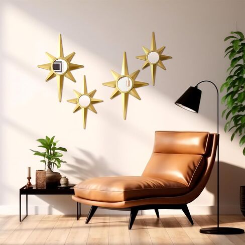 Blulu 4 Pcs Metal Starburst Wall Mirrors Decor 8 Pointed Gold Atomic Stars Hangings Mid Century Modern Elegance Accents Easy Installation Finish Metal Mirrors for Home Office Room in Saudi Arabia