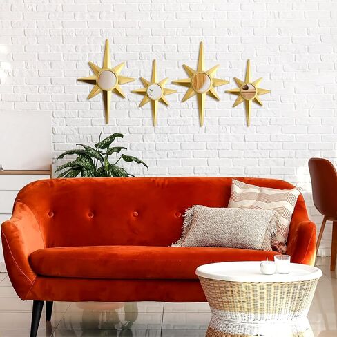 Blulu 4 Pcs Metal Starburst Wall Mirrors Decor 8 Pointed Gold Atomic Stars Hangings Mid Century Modern Elegance Accents Easy Installation Finish Metal Mirrors for Home Office Room in Saudi Arabia