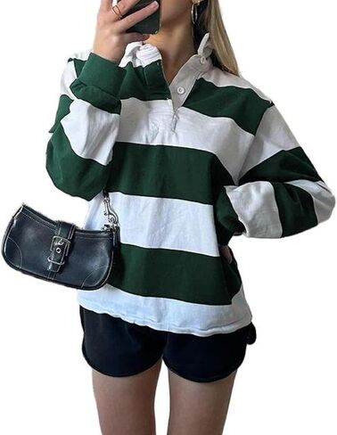 UAURORAO Women Striped Rugby Shirt Long Sleeve Polo Shirts Collared Sweatshirt Teens Girls Preppy Pullover Sweaters in Saudi Arabia