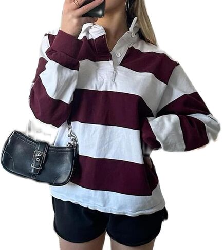 UAURORAO Women Striped Rugby Shirt Long Sleeve Polo Shirts Collared Sweatshirt Teens Girls Preppy Pullover Sweaters in Saudi Arabia