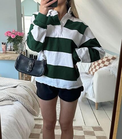 UAURORAO Women Striped Rugby Shirt Long Sleeve Polo Shirts Collared Sweatshirt Teens Girls Preppy Pullover Sweaters in Saudi Arabia