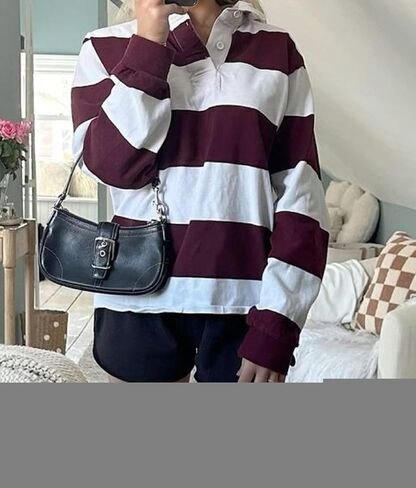 UAURORAO Women Striped Rugby Shirt Long Sleeve Polo Shirts Collared Sweatshirt Teens Girls Preppy Pullover Sweaters in Saudi Arabia