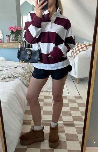 UAURORAO Women Striped Rugby Shirt Long Sleeve Polo Shirts Collared Sweatshirt Teens Girls Preppy Pullover Sweaters in Saudi Arabia