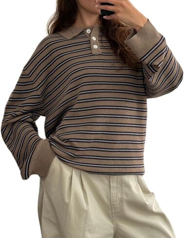 UAURORAO Women Striped Rugby Shirt Long Sleeve Polo Shirts Collared Sweatshirt Teens Girls Preppy Pullover Sweaters in Saudi Arabia