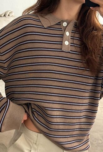 UAURORAO Women Striped Rugby Shirt Long Sleeve Polo Shirts Collared Sweatshirt Teens Girls Preppy Pullover Sweaters in Saudi Arabia