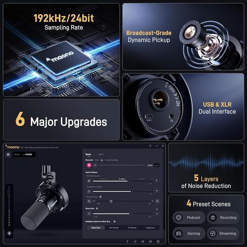 MAONO Dynamic Microphone-XLR USB Podcast Recording Mic: for Vocal Recording, Content Creation, Home Studio, Voiceover, with 192kHz/24bit, Noise Reduction, Mic Gain, Monitoring, Mute (PD300X) in Saudi Arabia