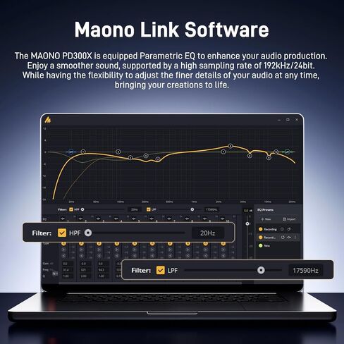MAONO Dynamic Microphone-XLR USB Podcast Recording Mic: for Vocal Recording, Content Creation, Home Studio, Voiceover, with 192kHz/24bit, Noise Reduction, Mic Gain, Monitoring, Mute (PD300X) in Saudi Arabia