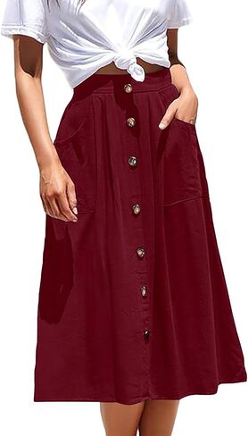Women's Midi Skirts Casual High Elastic Waist A Line Pleated Midi Skirts with Pockets in Saudi Arabia
