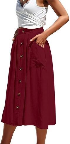 Women's Midi Skirts Casual High Elastic Waist A Line Pleated Midi Skirts with Pockets in Saudi Arabia