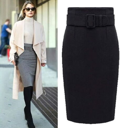 Falda Womens Knee Length Pencil Skirt Fall Winter A Line Below Knee Office Midi Bodycon Wool Skirt Casual in Saudi Arabia