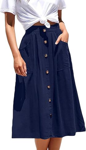 Women's Midi Skirts Casual High Elastic Waist A Line Pleated Midi Skirts with Pockets in Saudi Arabia