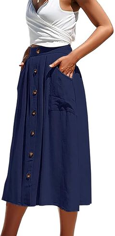 Women's Midi Skirts Casual High Elastic Waist A Line Pleated Midi Skirts with Pockets in Saudi Arabia